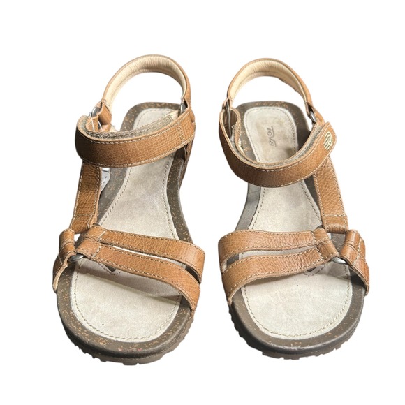 Teva Leather Wedge Sandals Ankle Strap Comfort Womens Size 9 Brown Cork NEW - Picture 3 of 7